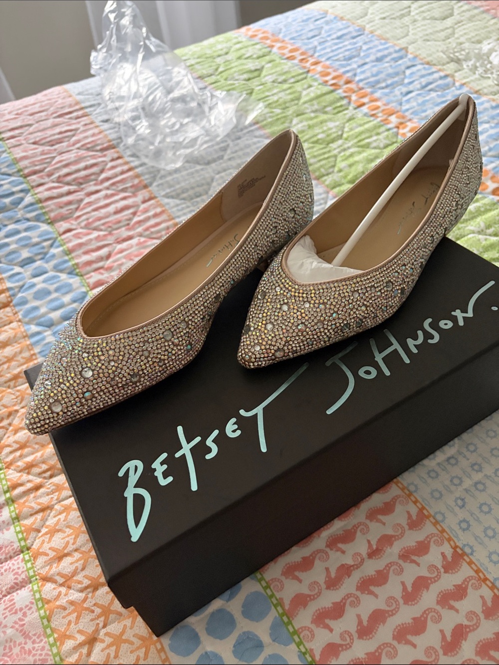 Betsey Johnson Champagne Crystal Pointed Toe Flats